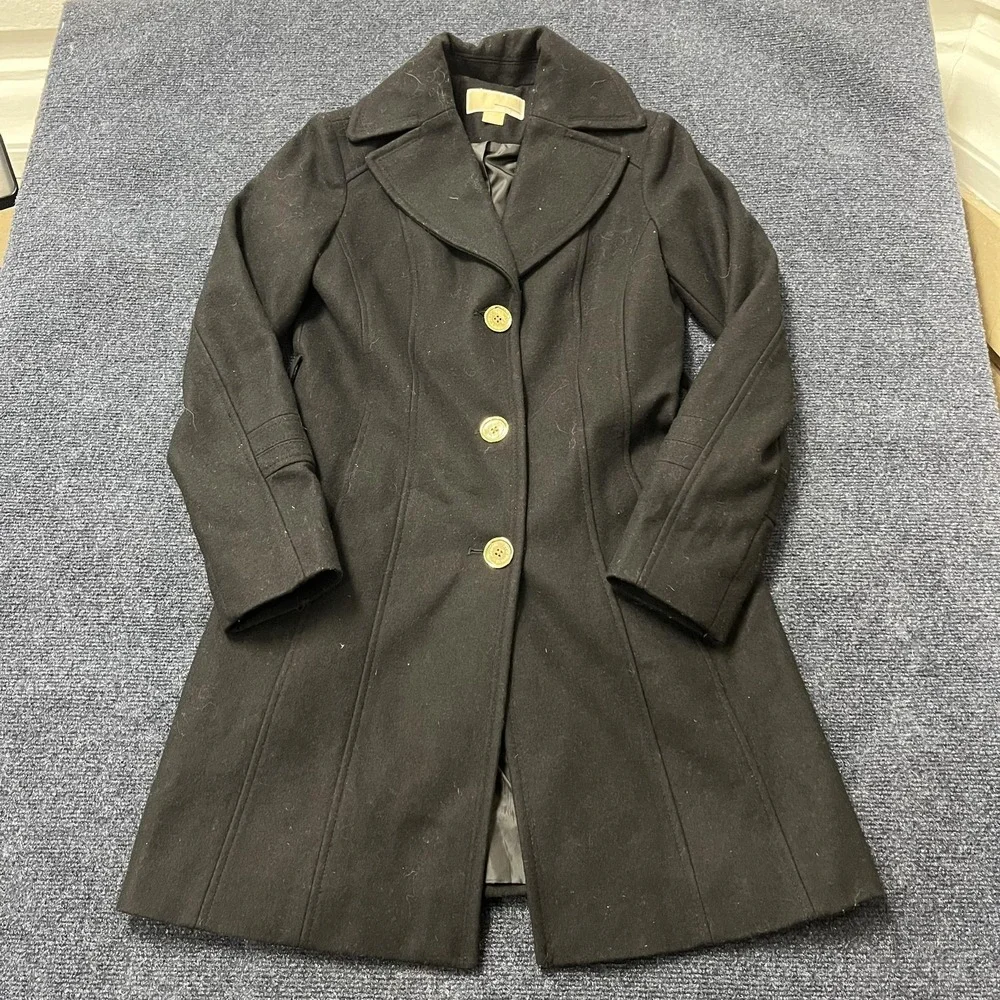Michael Michael Kors Coat Womens 0 Black Wool‎ Blend Button Front Long Overcoat